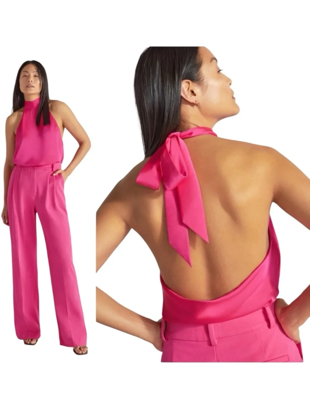 Favorite Daughter Take A Bow Satin Halter Top Pink Open Back Tie Blouse Large